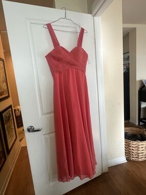 Sleeveless Coral Chiffon Maxi Dress with Ruched Sweetheart Bodice